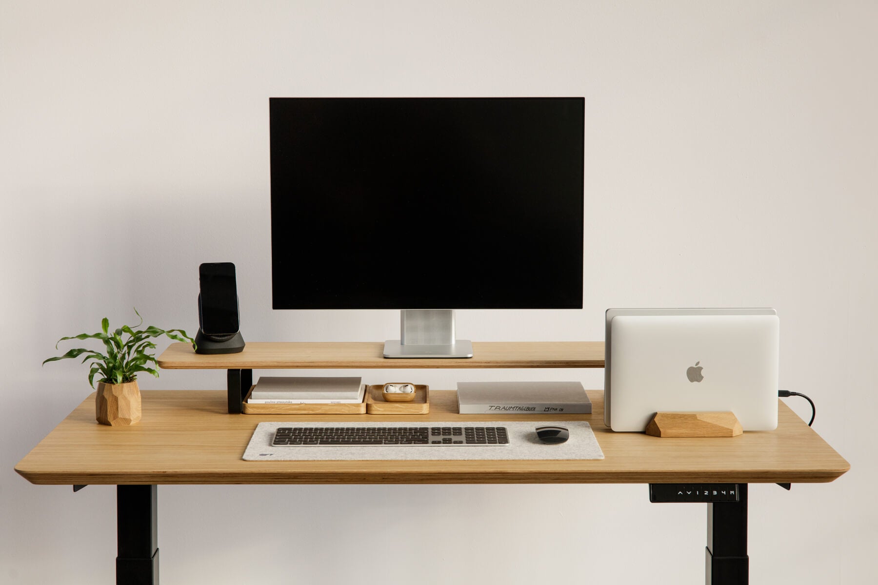dual desk shelf monitor stand oak