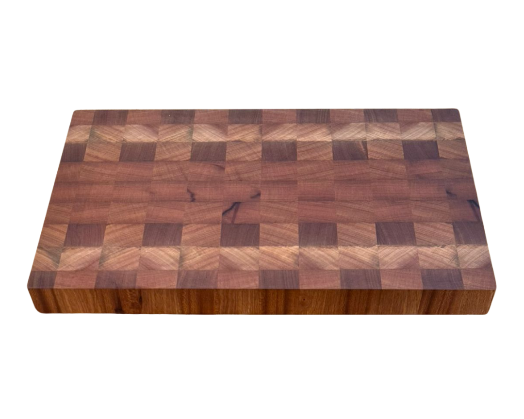 Sapele Wood cutting board with a checkered pattern on a white background