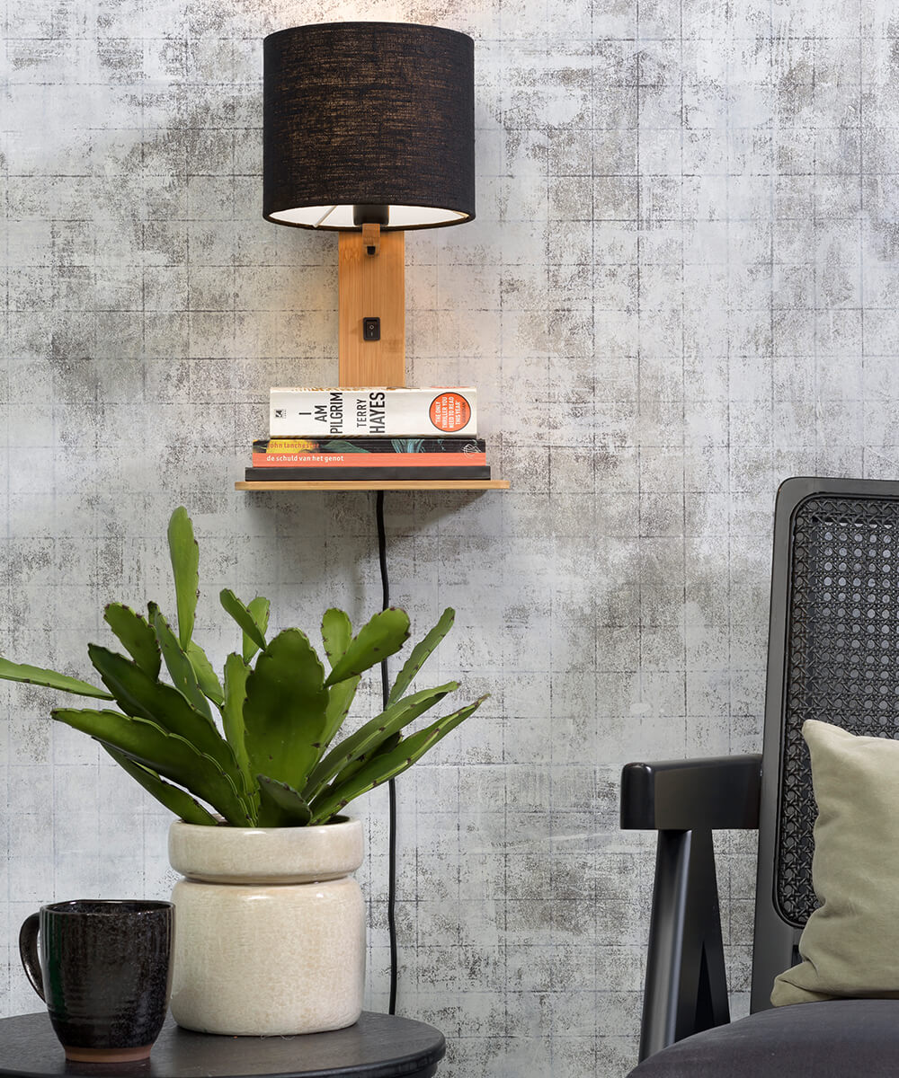 Wandlamp met boekenplank - ANDES - Bamboe/Linnen