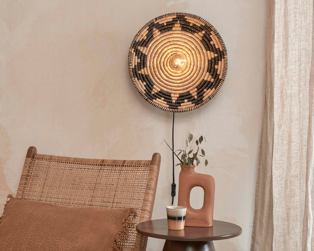 andros wall lamp black and natural with gold filament bulb good and mojo grey background