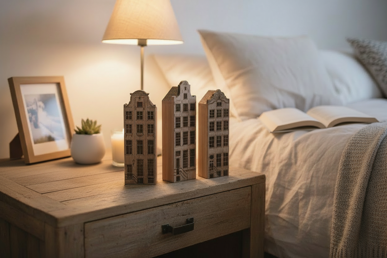 Wooden nightstand with Amsterdam canal house as decoration next to a bed.