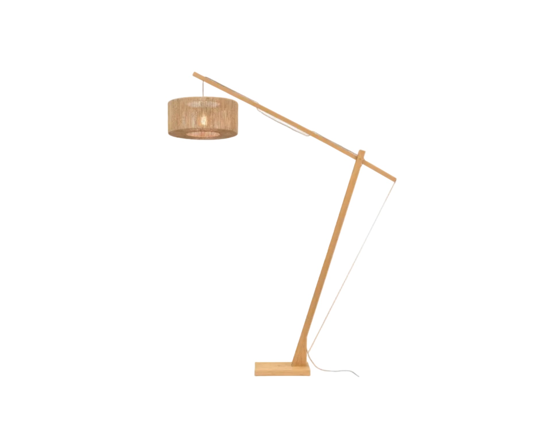 Bamboo floor lamp with a raffia shade on a white background