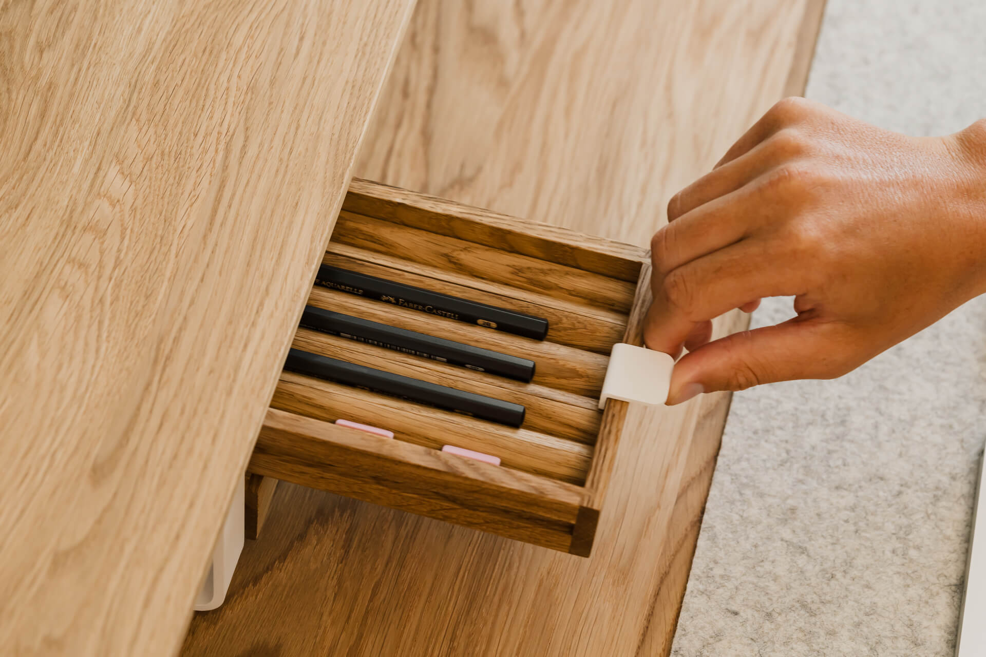pen holder set of 5 in oak in modular drawer system for dual desk shelves