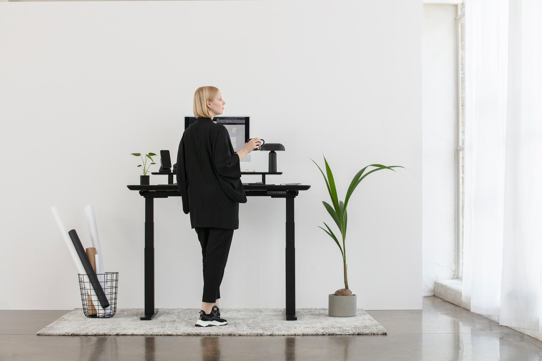 standing desk black oak