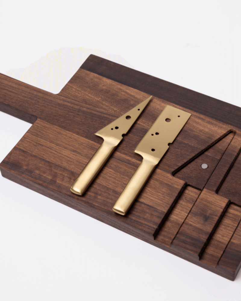 woodsea cheese board with knives walnut close up