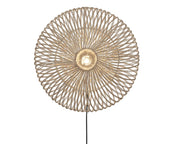 A round, beige wall lamp made of rattan, designed to be mounted on a wall.